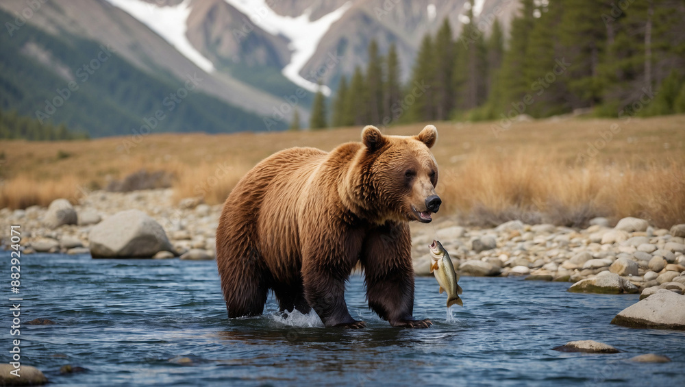 Large grizzly bear stands in shallow, clear mountain river, holding fish in its mouth, with backdrop of snow-capped mountains Large grizzly bear stands in shallow, clear mountain river, holding fish in its mouth, with backdrop of snow-capped mountains