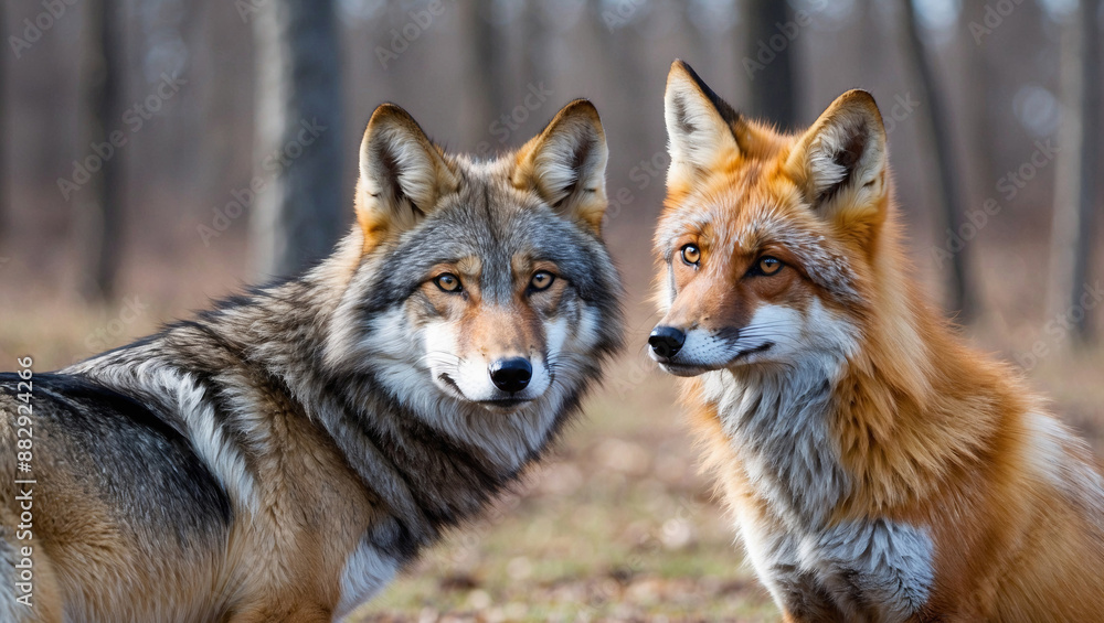 Gray wolf and red fox stand in forest, looking at each other. Animals outdoors. Wildlife Gray wolf and red fox stand in forest, looking at each other. Animals outdoors. Wildlife
