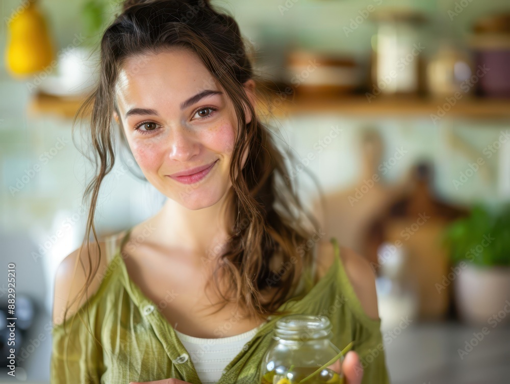 Young Woman Smiling in a Cozy Kitchen Holding a Jar, Natural Light, Home Environment, Casual Clothing, Warm and Inviting Atmosphere Young Woman Smiling in a Cozy Kitchen Holding a Jar, Natural Light, Home Environment, Casual Clothing, Warm and Inviting Atmosphere