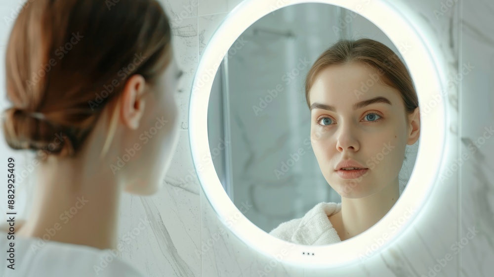 Woman Looking at Herself in Illuminated Round Mirror in Modern Bathroom with Marble Walls Woman Looking at Herself in Illuminated Round Mirror in Modern Bathroom with Marble Walls