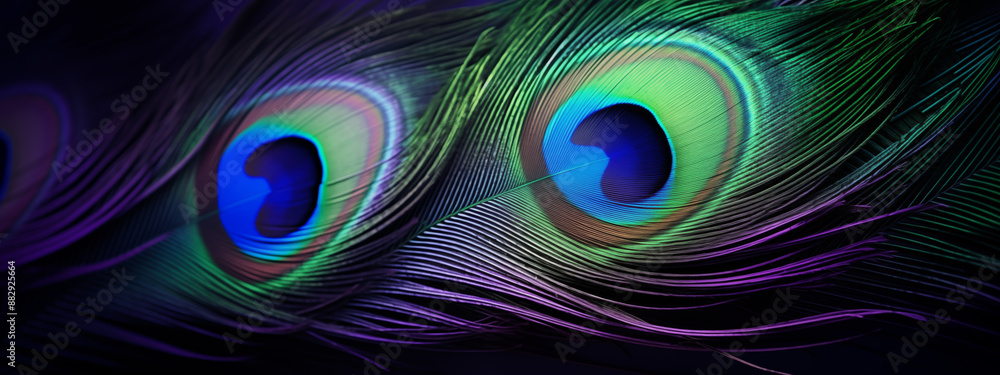 Obraz premium Detailed View of Peacock Feathers in a Dark Background with Vivid Colors