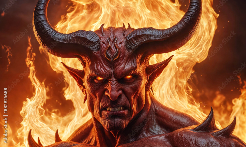 Scary portrait of a devil figure in hell fire background Scary portrait of a devil figure in hell fire background