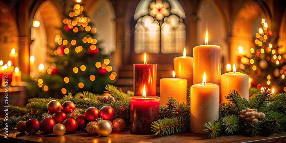 Christmas candles in a church with warm glowing light , holiday, religion, tradition, festive, celebration, spiritual Christmas candles in a church with warm glowing light , holiday, religion, tradition, festive, celebration, spiritual