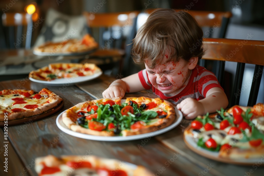 little boy preschooler crying and making faces over plate of food. child does not want to eat. boy being fussy in restaurant. pizza, salad, lack of appetite, child tantrums, bad behavior little boy preschooler crying and making faces over plate of food. child does not want to eat. boy being fussy in restaurant. pizza, salad, lack of appetite, child tantrums, bad behavior