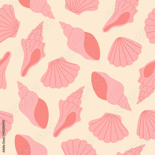 Seamless pattern with hand drawn pink seashell on light pink background. Template for print, fabric, greeting card and invitation. 
