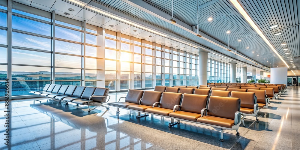 Fototapeta premium Clean and modern airport interior with spacious seating and natural lighting, airport, interior, clean