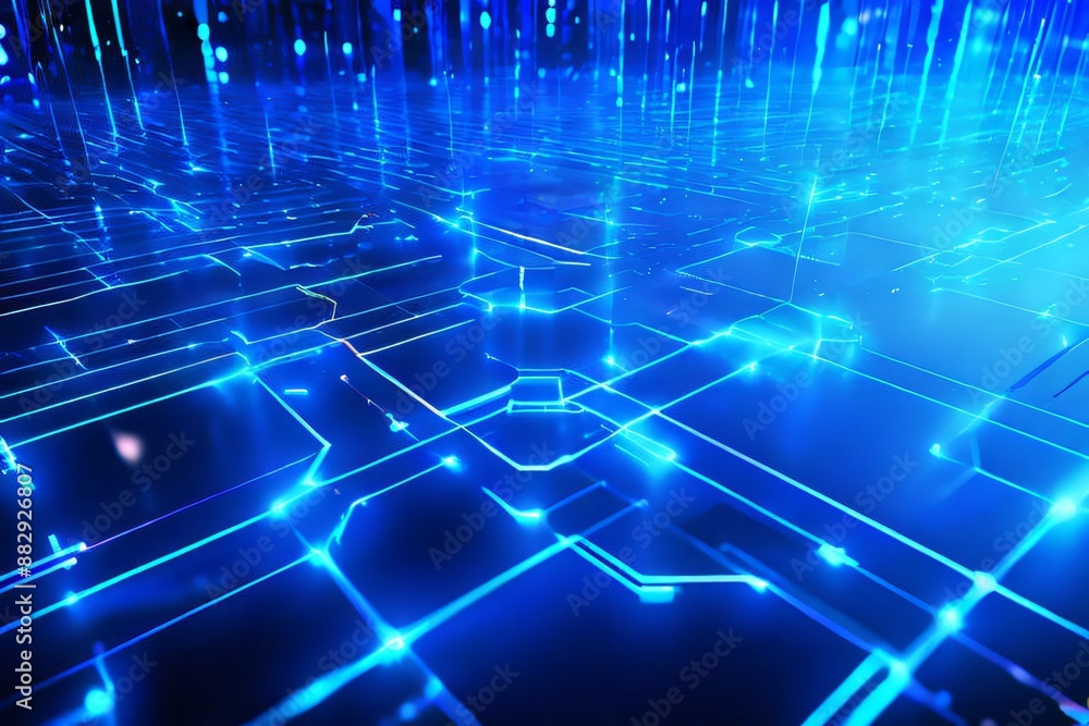 Futuristic Technology. Abstract Background of Glowing Blue Circuit Board and Data Streams Futuristic Technology. Abstract Background of Glowing Blue Circuit Board and Data Streams