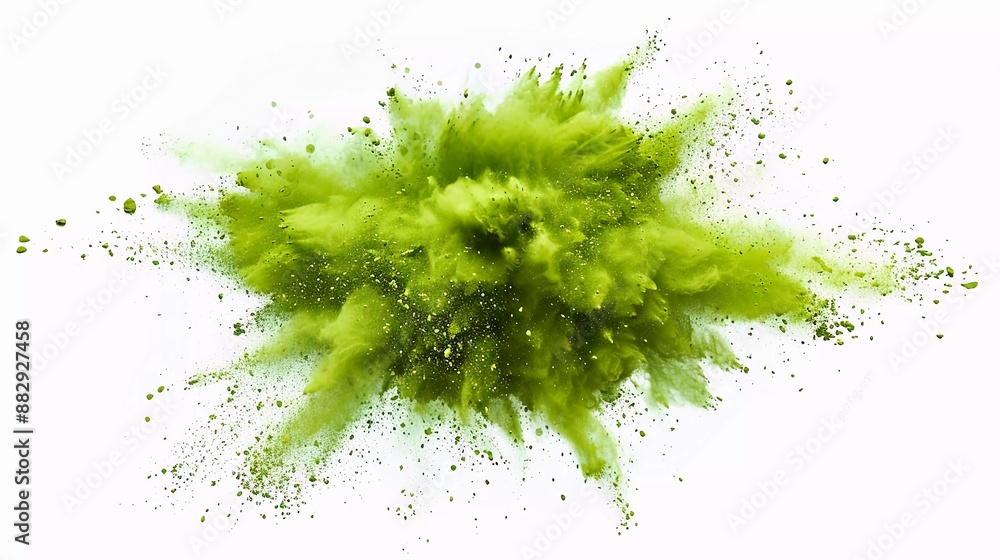 green powder explosion isolated on white background. green dust particles splashed. Holi Festival of Colors. Color burst series. Very beautiful bright contrast green powder explosion isolated on white background. green dust particles splashed. Holi Festival of Colors. Color burst series. Very beautiful bright contrast