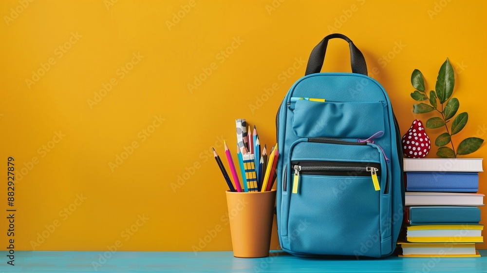 Bright Back to School Background with Backpack and Various Study Materials Bright Back to School Background with Backpack and Various Study Materials