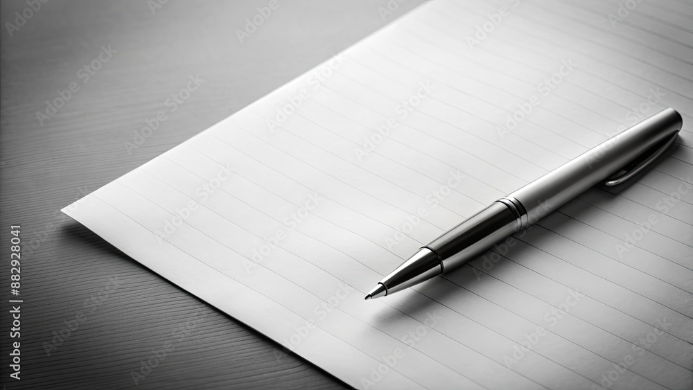 Black and white photo of pen and paper, monochrome, writing utensil, stationary, vintage, retro, office supplies