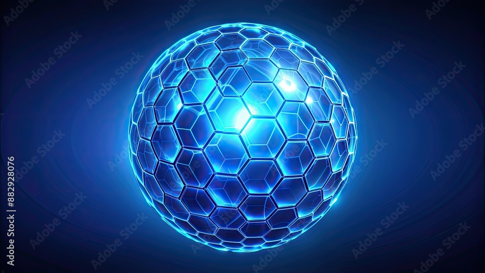 Blue glowing hexagonal sphere with varying sizes of polygons in , technology, abstract, geometric, shapes, design Blue glowing hexagonal sphere with varying sizes of polygons in , technology, abstract, geometric, shapes, design