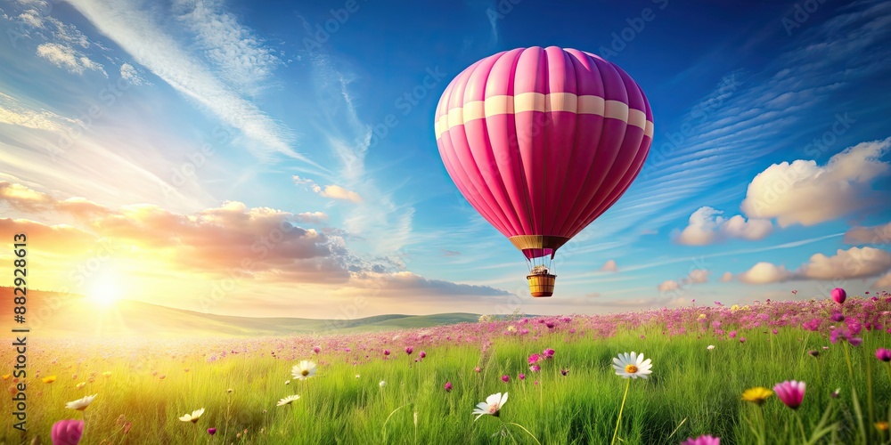 Fototapeta premium Charming of a pink hot air balloon above a spring meadow, hot air balloon, pastel pink, floating, blossoming, spring