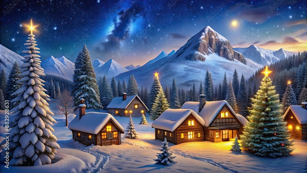 Charming winter village scene with snow-covered houses, lit Christmas trees Charming winter village scene with snow-covered houses, lit Christmas trees