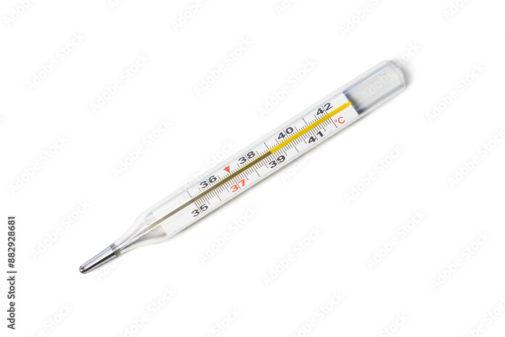 Mercury-in-glass thermometer with temperature mark 39 C isolated on white