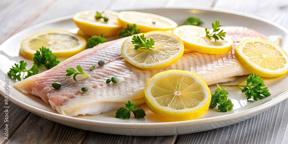 Close up of fresh fish fillet garnished with lemon slices on a white plate, seafood, cooking, diet, healthy Close up of fresh fish fillet garnished with lemon slices on a white plate, seafood, cooking, diet, healthy
