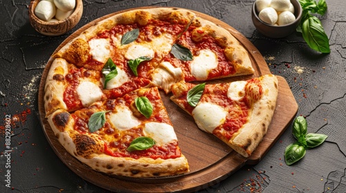 Pizza Margherita on black stone background. Classic Italian Pizza Margarita with Tomato sause, Basil and Mozzarella Cheese