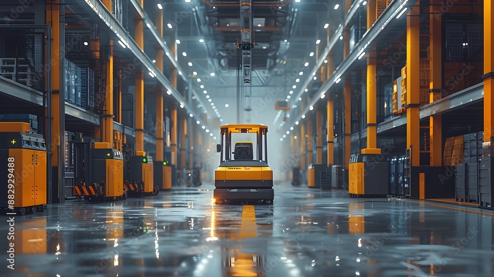 Automated Warehouse Interior with Robotic Forklifts and Human for Efficient Logistics Automated Warehouse Interior with Robotic Forklifts and Human for Efficient Logistics