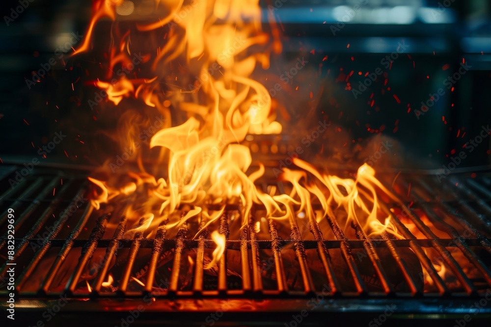 Empty flaming grill grates with open fire, ready for product placement. Background for grilled food with fire Empty flaming grill grates with open fire, ready for product placement. Background for grilled food with fire