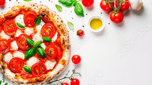 Ingredients for cooking pizza, tomatoes cheese and basil