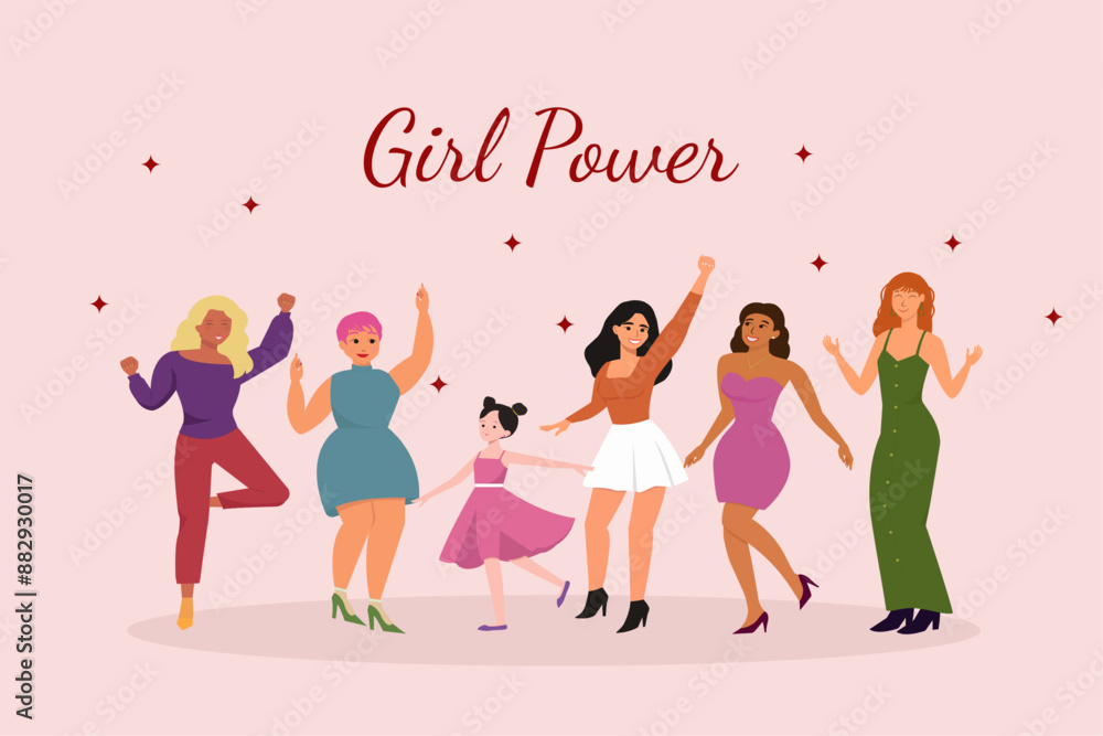 Beautiful, self-sufficient, strong and confident women`s celebrating and dancing together. Girl power slogan banner. Hand drawn characters colorful vector illustration Beautiful, self-sufficient, strong and confident women`s celebrating and dancing together. Girl power slogan banner. Hand drawn characters colorful vector illustration