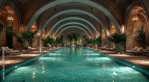 Indoor Swimming Pool With Arched Ceiling and Palm Trees