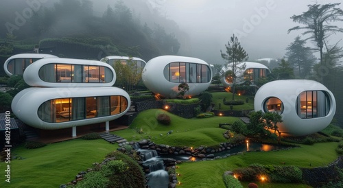 Modern Egg-Shaped Houses on a Misty Mountainside