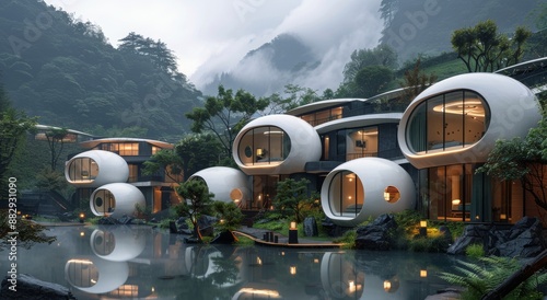 Futuristic Homes Built Into a Misty Mountainside in the Evening