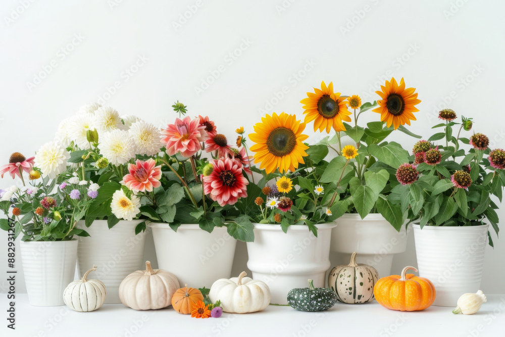 Minimalistic autumn potted plants, a collection of white ceramic pots with blooming sunflowers, dahlias, and asters, scattered with small gourds, isolated white background... Minimalistic autumn potted plants, a collection of white ceramic pots with blooming sunflowers, dahlias, and asters, scattered with small gourds, isolated white background...