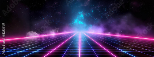 Synthwave vaporwave retrowave cyber background with copy space, laser grid, starry sky, blue and purple glows with smoke and particles.