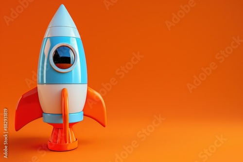 A studio photo of a cute blue and orange toy rocket ready for take-off, against yellow background. Photo for an innovative product launch, or space travel concept.