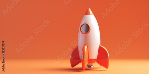 A studio photo of a cute blue and orange toy rocket ready for take-off, against yellow background. Photo for an innovative product launch, or space travel concept.