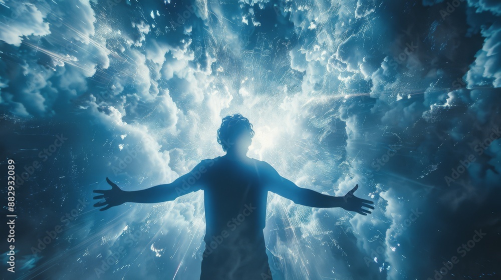 A Man Silhouetted Against a Blue, Glowing Light Sphere A Man Silhouetted Against a Blue, Glowing Light Sphere