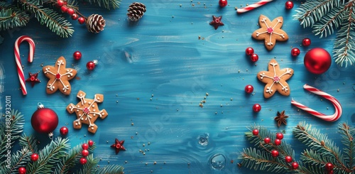 Festive Christmas Decorations on Blue Wooden Background