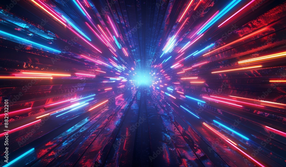 Obraz premium Abstract Neon Lights Design With Pink and Blue Lines Converging in a Symmetrical Pattern