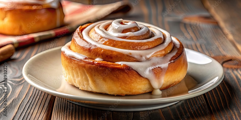 Close up of a cinnamon roll bun with icing on a plate, Cinnamon roll, bun, icing, sweet, delicious, pastry, treat, dessert Close up of a cinnamon roll bun with icing on a plate, Cinnamon roll, bun, icing, sweet, delicious, pastry, treat, dessert