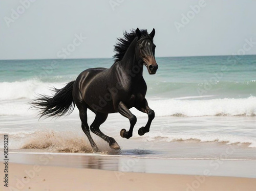 a black horse running on the beach with the ocean in the background