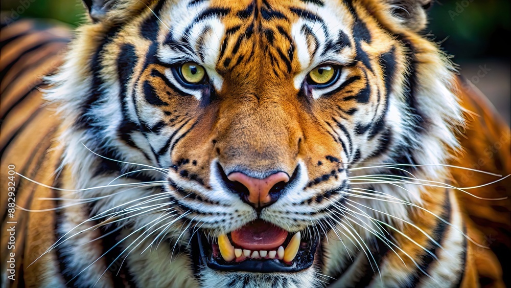 Close up of a tiger showing its fierce expression and sharp teeth , wildlife, predator, feline, carnivore, wild animal Close up of a tiger showing its fierce expression and sharp teeth , wildlife, predator, feline, carnivore, wild animal