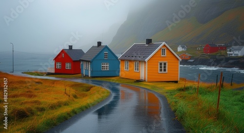 Colorful Houses on a Coastal Road in Norway on a Misty Day