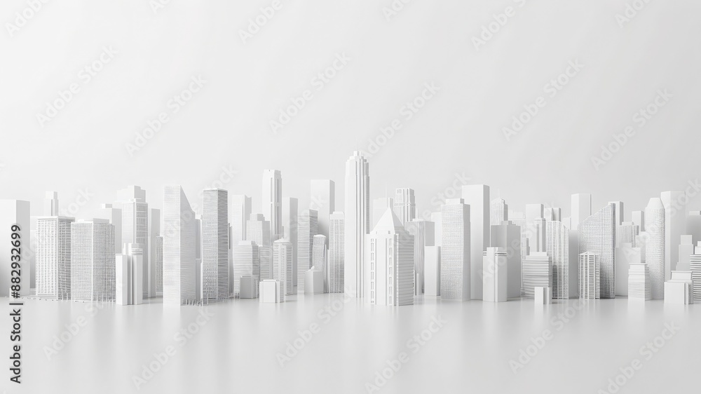 High-resolution 3D image of white buildings on a white background. Minimalistic city skyline with ample copy space. High-resolution 3D image of white buildings on a white background. Minimalistic city skyline with ample copy space.