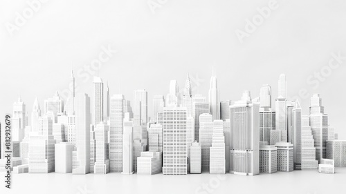 High-resolution 3D image of white buildings on a white background. Minimalistic city skyline with ample copy space. © Suresh