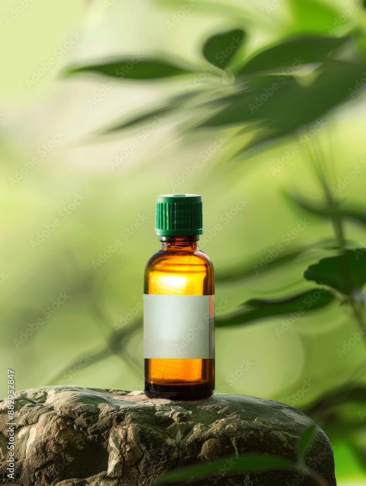 an essential oil bottle stands on a stone, green clean background, natural atmosphere an essential oil bottle stands on a stone, green clean background, natural atmosphere