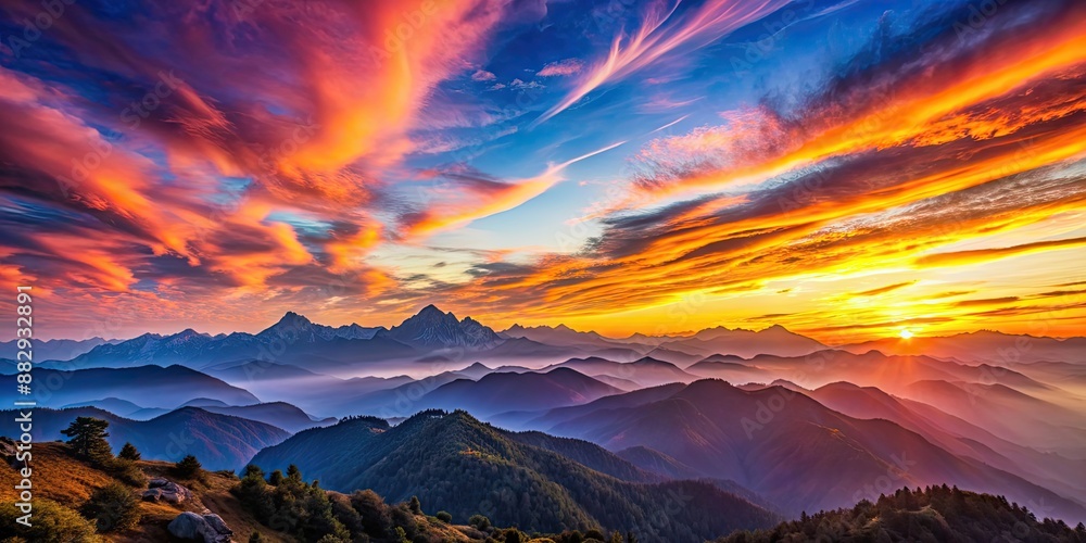 Breathtaking sunset over a majestic mountain range, sky transitioning from blue to hues of orange and pink, sunset, mountain range Breathtaking sunset over a majestic mountain range, sky transitioning from blue to hues of orange and pink, sunset, mountain range
