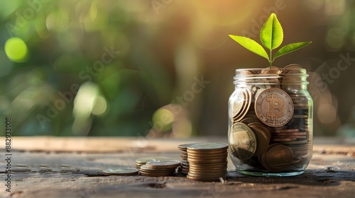 A jar full of coins and a plant growing out of it