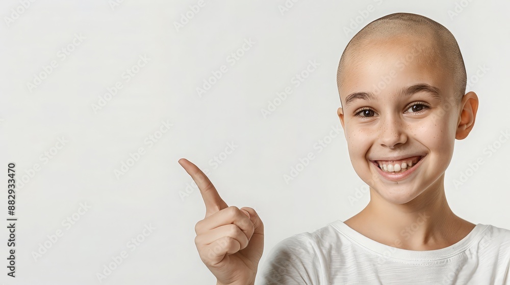 A bald schoolgirl, sick with cancer, smiles. Banner, mockup, free space for text, pointer. Conceptual photo of fighting oncology, hope, therapy, white background, white clothing. A bald schoolgirl, sick with cancer, smiles. Banner, mockup, free space for text, pointer. Conceptual photo of fighting oncology, hope, therapy, white background, white clothing.