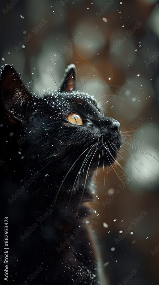 Big fat black cat enjoys the snowfall, hyperrealism Big fat black cat enjoys the snowfall, hyperrealism