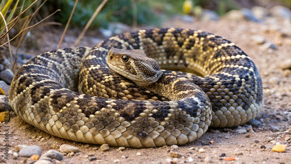 Nature's warning sign đ This striking photo captures a venomous Western Diamondback Rattlesnake coiled up in the middle of a dusty hiking trail. Its distinctive rattling tail and striking patterns se Nature's warning sign đ This striking photo captures a venomous Western Diamondback Rattlesnake coiled up in the middle of a dusty hiking trail. Its distinctive rattling tail and striking patterns se