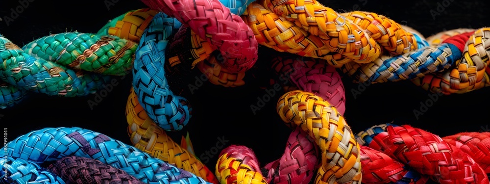 A colorful knotted ting of rope with different colors on a black background. An abstract concept for global business, teamwork and diversity in corporate team work or collaboration themes. A colorful knotted ting of rope with different colors on a black background. An abstract concept for global business, teamwork and diversity in corporate team work or collaboration themes.