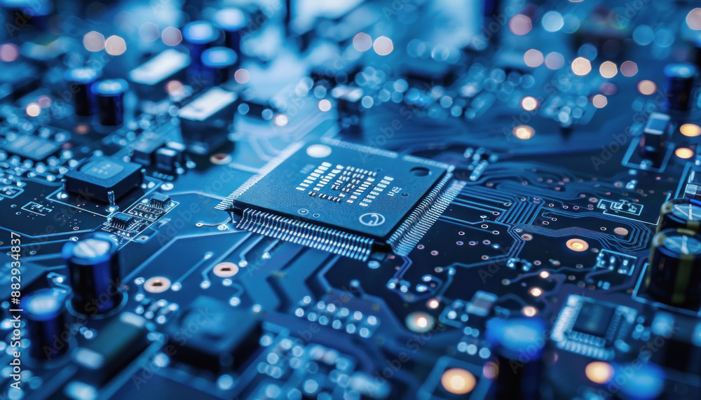Closeup of a computer chip on a motherboard displaying electronic engineering and hardware Closeup of a computer chip on a motherboard displaying electronic engineering and hardware