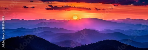 Breathtaking Sunset Over Blue Ridge Mountains with Vibrant Orange and Yellow Sky, Layered Peaks, and Forested Hills in National Geographic Style