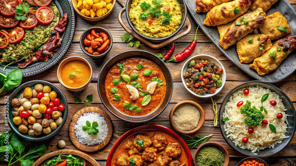 Close up shot of a diverse selection of international cuisine dishes, food, international, diverse, delicious, buffet Close up shot of a diverse selection of international cuisine dishes, food, international, diverse, delicious, buffet